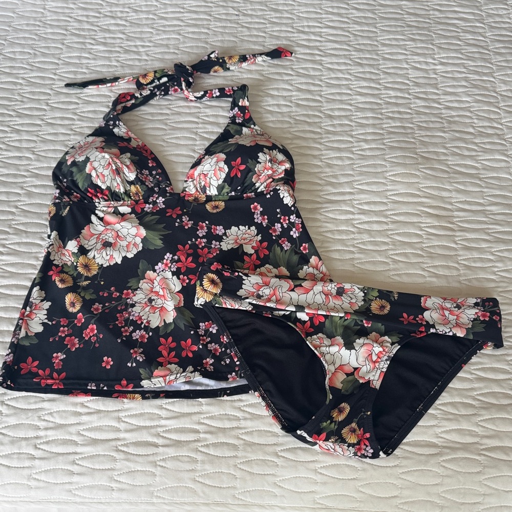 Sunsets Black Floral Tankini Set with Pink & Green Blooms